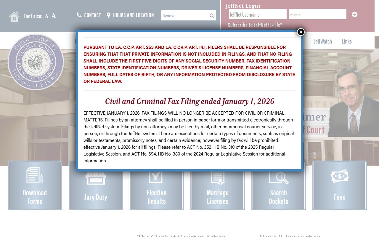 Jefferson Parish Clerk of Court website for deed records in Gretna Louisiana