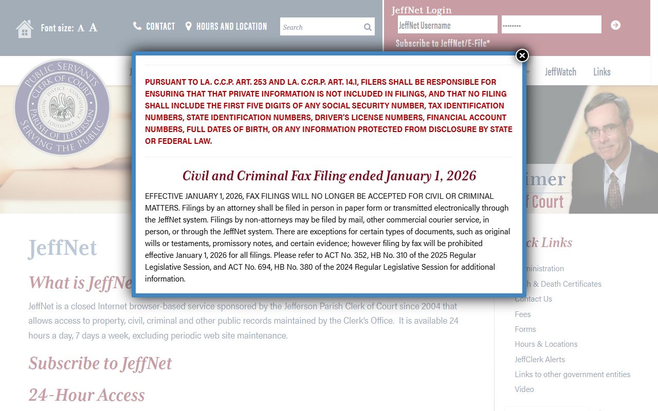JeffNet online portal for Jefferson Parish deed records in Gretna Louisiana