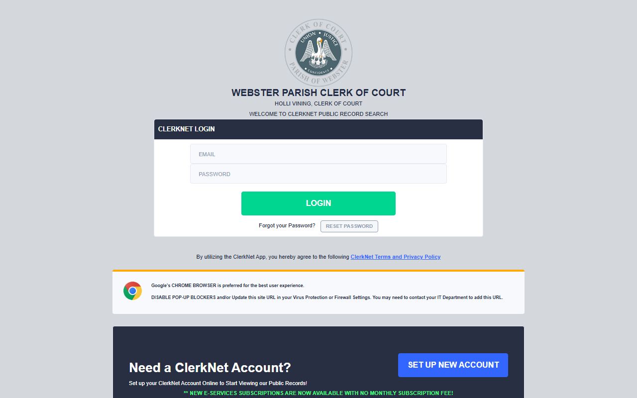 Webster Parish land and civil records search portal for deed records in Minden Louisiana