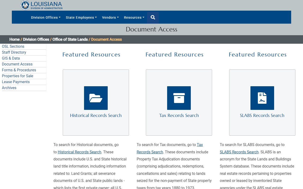 Louisiana State Land Office historical deed records and document access portal